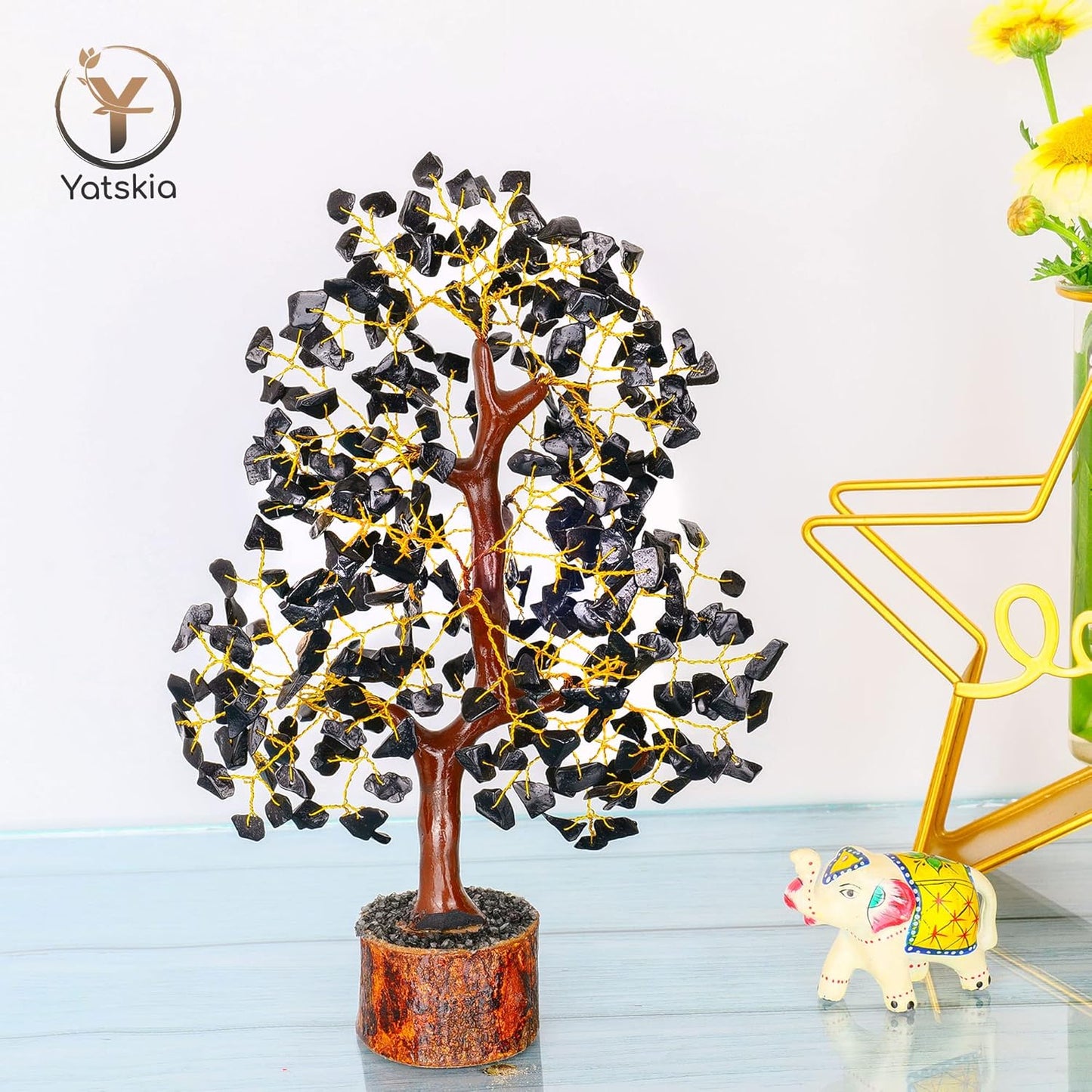Black Tourmaline Crystal Tree (Golden Wire)