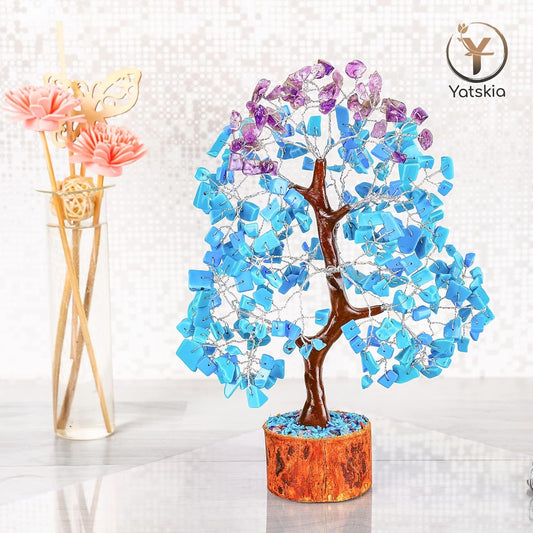 Turquoise and Amethyst Crystal Tree of Life (Silver Wire)