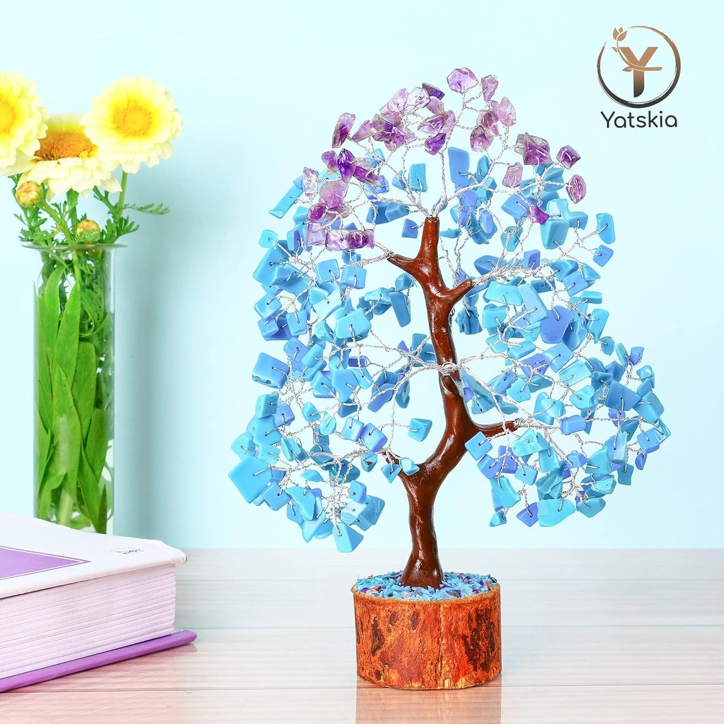 Turquoise and Amethyst Crystal Tree of Life (Silver Wire)