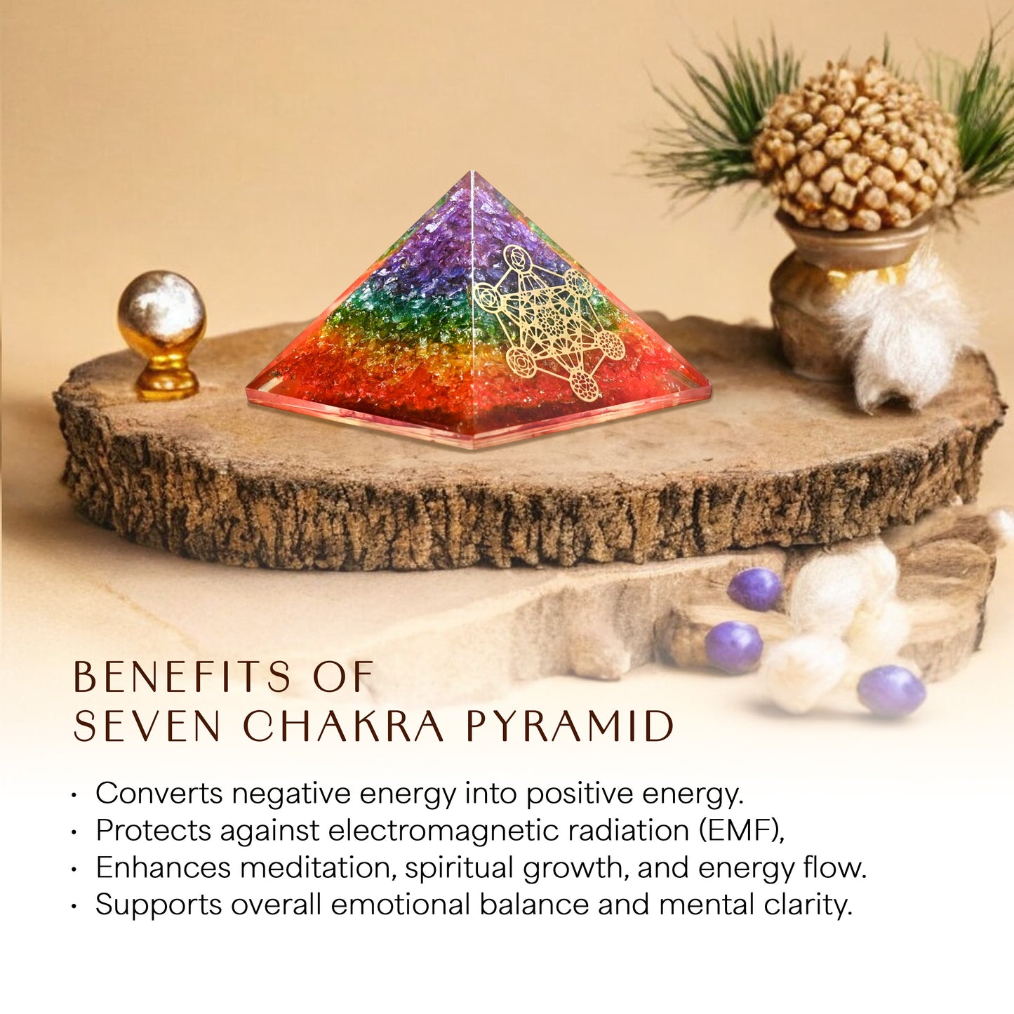 Seven Chakra Golden Metatron’s Cube Orgone Pyramid