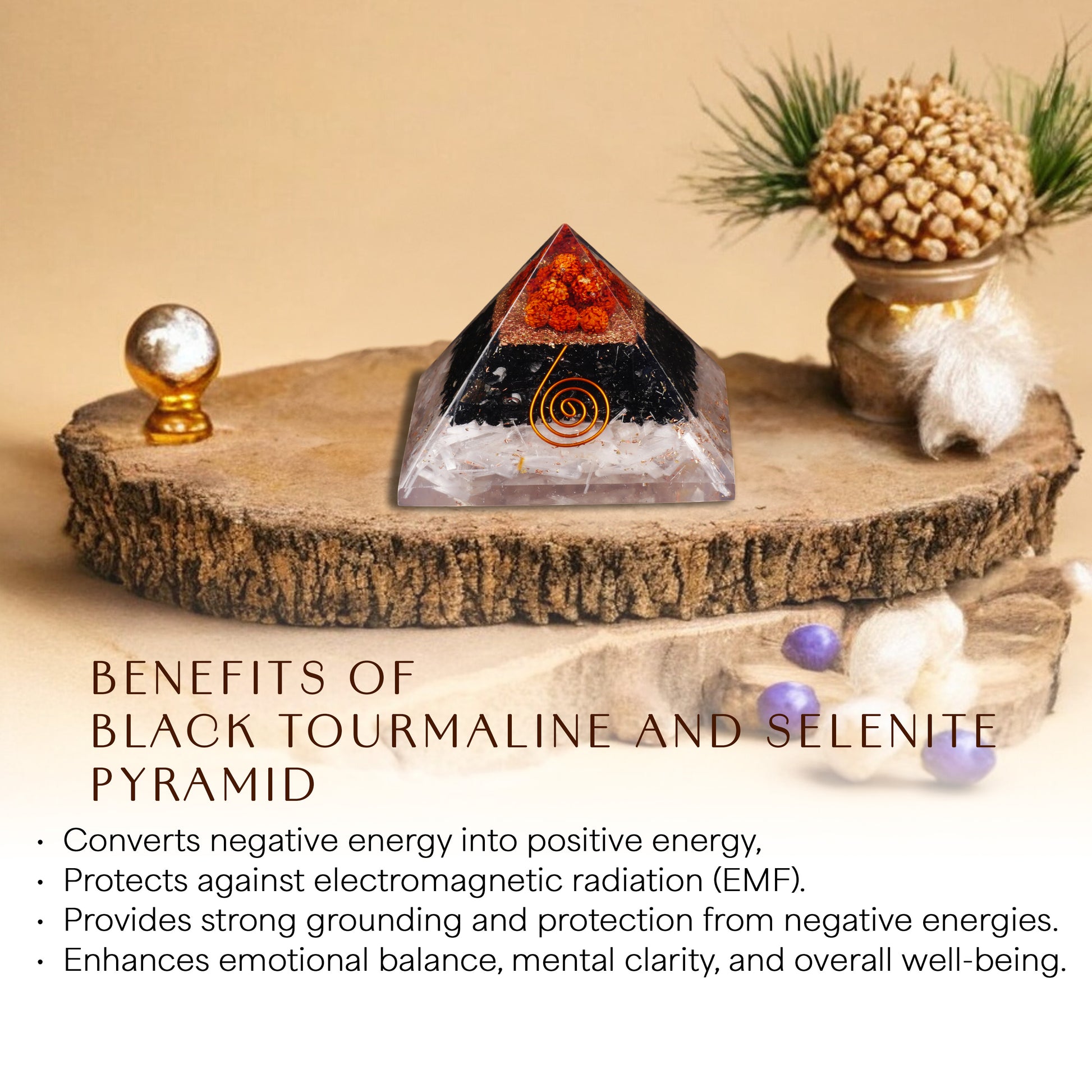 Black Tourmaline and Selenite Orgone Pyramid For Positivity
