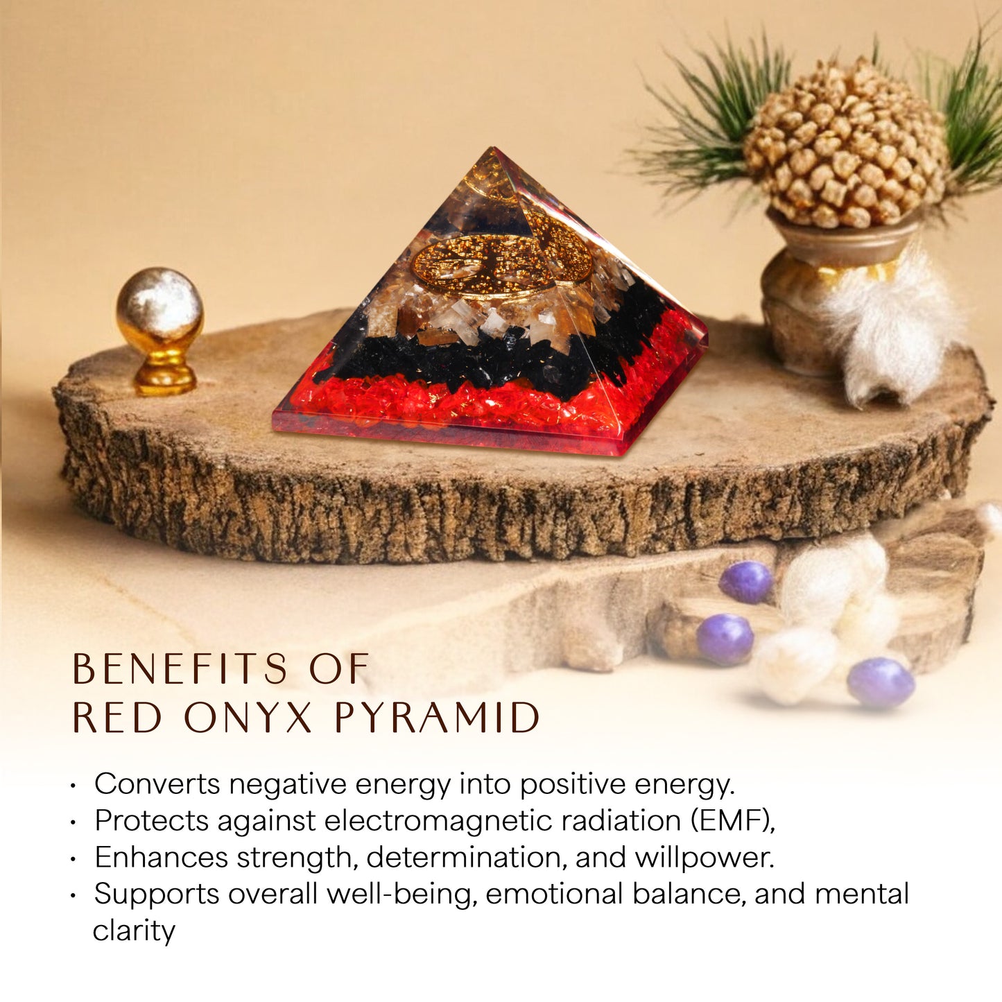 Red Onyx, Black Tourmaline, and Selenite Orgone Pyramid